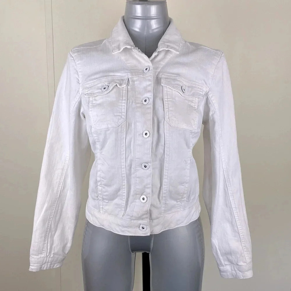 2/$25White button up fitted white denim  cropped Y2K mini jean jacket sz medium